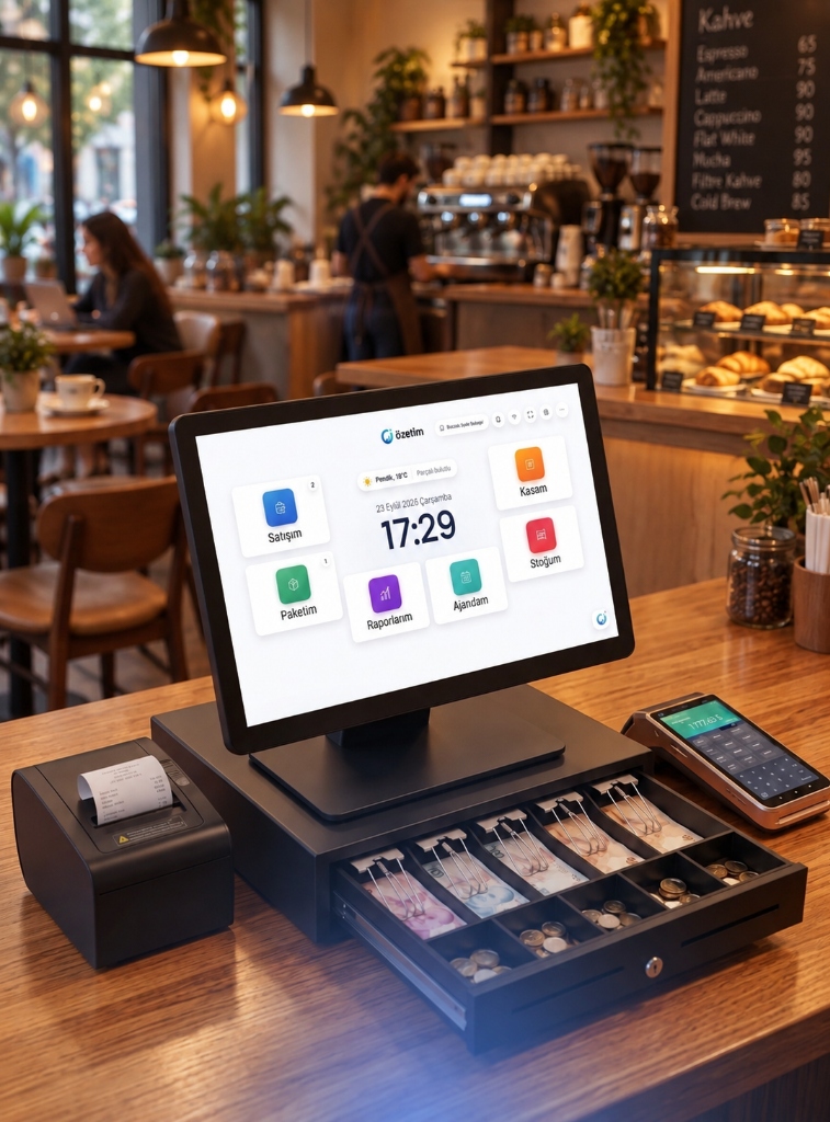 Özetim Kafe POS Paketi: Dokunmatik POS terminali, termal fiş yazıcı ve para çekmecesi