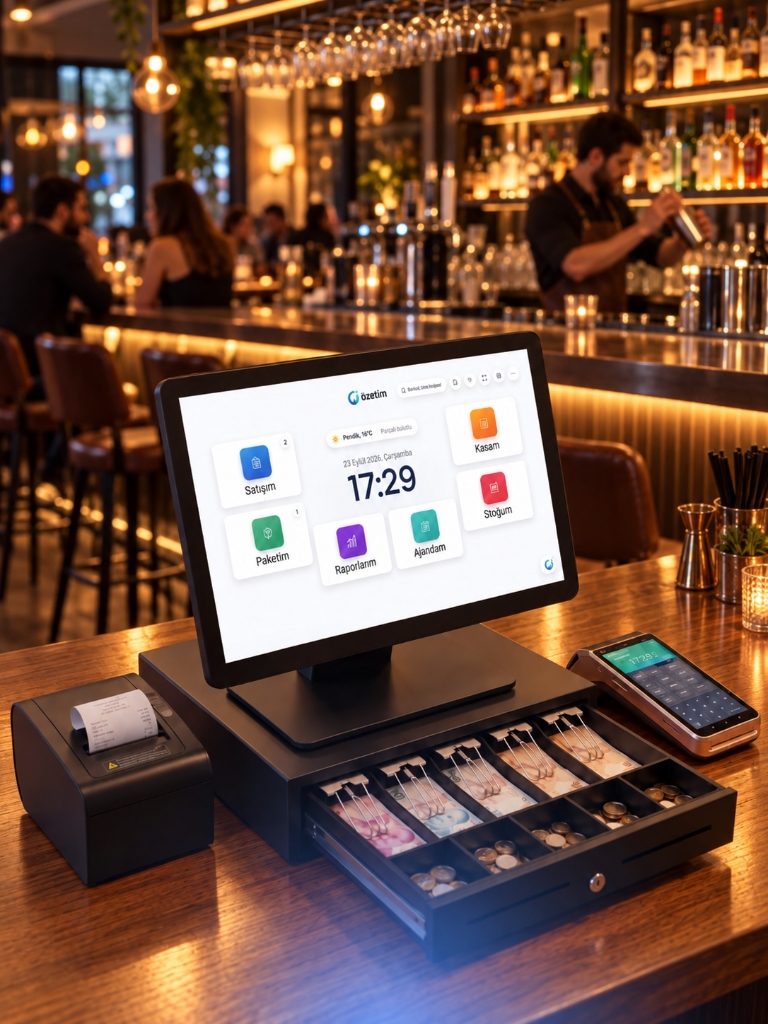 Özetim Pub & Bar POS Paketi: Dokunmatik POS terminali, termal fiş yazıcı ve para çekmecesi