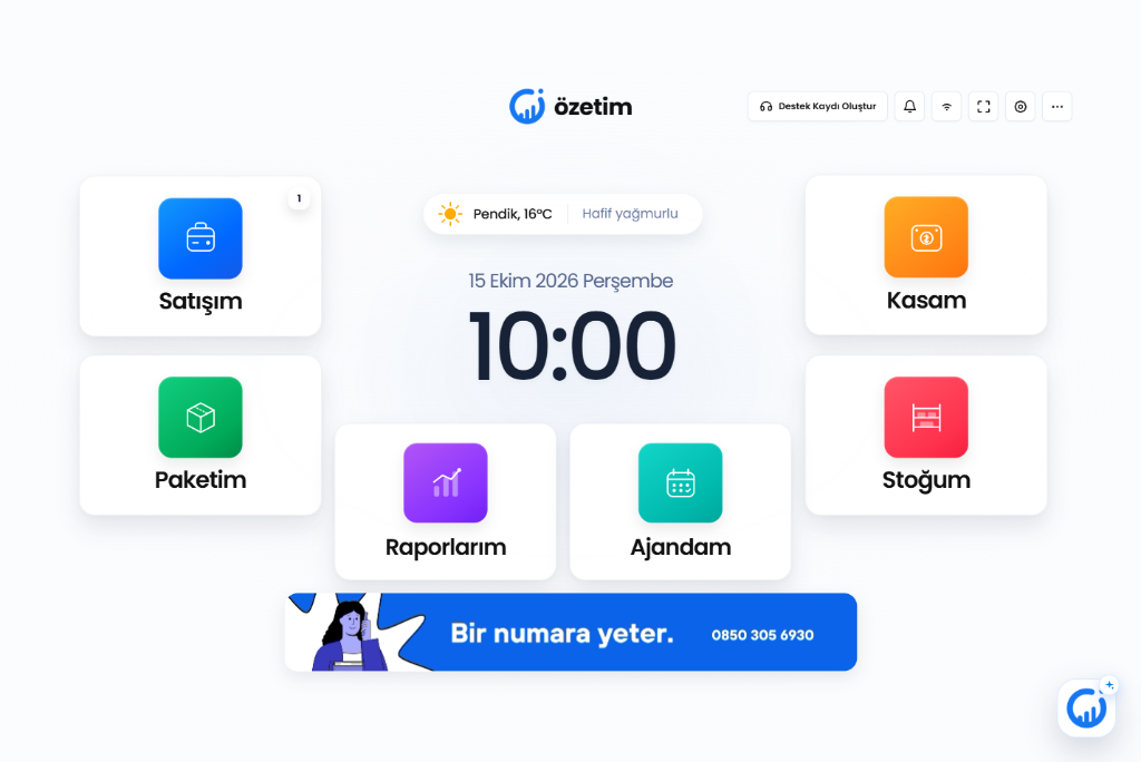 Özetim Bulut POS Ana Panel Ekranı - Satışım, Paketim, Raporlarım, Ajandam, Kasam, Stoğum