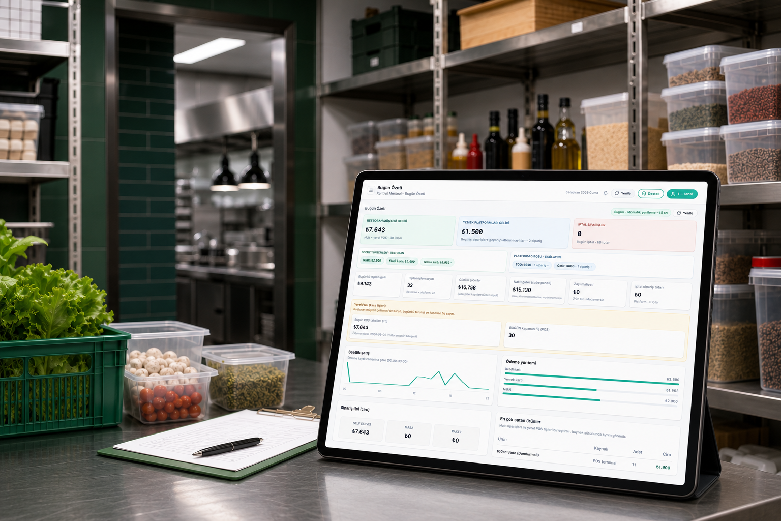 Restoran deposunda Özetim bugün özeti ekranı açık olan tablet